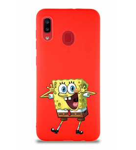 Samsung Galaxy A20 Soft Premier Kapak Sünger Bob Tasarımlı Silikon Kılıf - Kırmızı (Şeffaf)