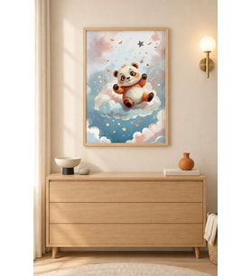 Bulutta Panda Yavrusu Yıldız Serpintisi Ahşap Çerçeveli Duvar Tablosu