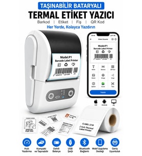 Mpı P1 Termal Yazıcı Etiket Yazıcısı Kablosuz Mini Taşınabilir Bluetooth, USB Şarjlı, Android, iOS