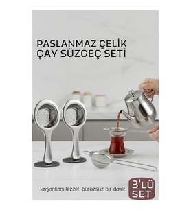 Çay Süzgeci Seti - 3 Parça Profesyonel ve Kulplu Demlik Filtresi Paslanmaz Çelik 718934