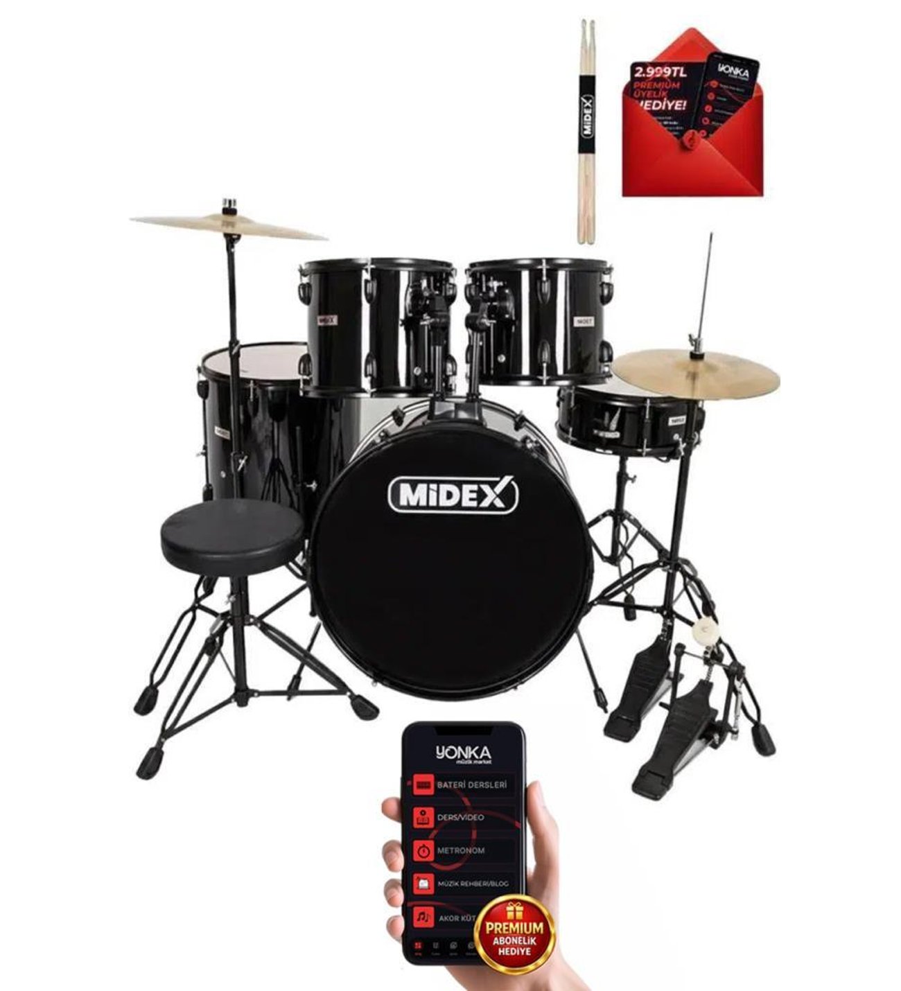 Midex CD900X-BK 22'' Yetişkin Akustik Bateri Davul Seti 22B-13T