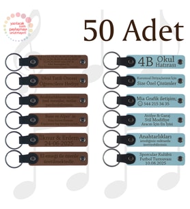 A Kahve & Gök Mavi, Emlak Ofisi Müşterilerine Teşekkür, 50’li Set, İsim Yazılabilen Deri Anahtarlık