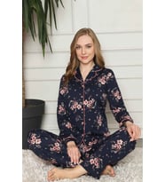 Kadın Çiçekli Önden Düğmeli Gömlek Yaka Uzun Mevsimlik Pamuk Likra Pijama Takımı (Lacivert)