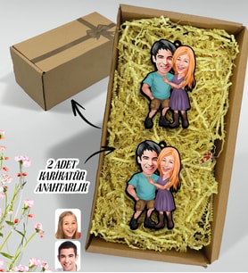 BK Gift Hediye Kutulu Kişiye Özel Sevgililer Karikatürlü Ahşap 2'li Ahşap Anahtarlık-80