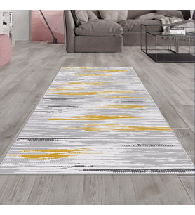 Gri Desenli Hardal Detaylı Yıkanabilir Kaymaz Taban Leke Tutmaz Modern Salon Halısı ve Yolluk