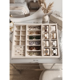 XLarge Krem Kadife Takı Organizer Tablası, Saat, Gözlük, Yüzük ve Küpe için