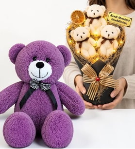 Kişiye Özel Led Işıklı Tasarım Peluş Ayıcık Buketi ve 50 cm Büyük Boy Mor Peluş Ayıcık Seti