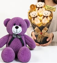 Kişiye Özel Led Işıklı Tasarım Peluş Ayıcık Buketi ve 50 cm Büyük Boy Mor Peluş Ayıcık Seti