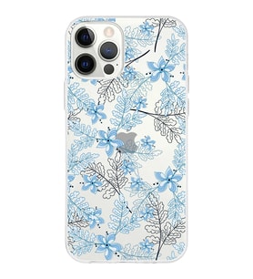 Apple iPhone 12 Pro Uyumlu Kapak Floral Mavi  Tasarımlı Şeffaf Silikon Kılıf