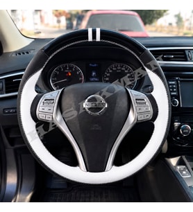 Nissan Pulsar C13 Dikme Direksiyon Kılıfı Parlak Siyah Beyaz Detaylı Beyaz Çift Yüzük ve Dikiş 2014-2018
