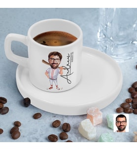BK Gift Kişiye Özel Sunum Tabaklı Erkek Beyzbol Karikatürlü Kahve Fincanı-16, Sevgiliye Hediye, Aileye Hediye, Arkadaşa Hediye