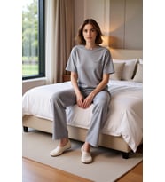 Kadın Bisiklet Yaka Kalp Nakışlı Pijama Takımı Fonksiyonel Dayanıklı Kaliteli Konforlu Şık