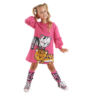 Leopar Zebra Kız Çocuk Pembe Elbise