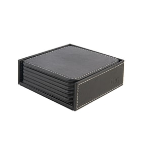 Bardak Altlığı,6’lı Set,Masaüstü Kare Cup Coaster,Vegan Suni Deri,11x11 cm.,Siyah