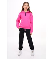 Toontoy Kız Çocuk Yarım Fermuar Nakışlı Eşofman Takım (Koyu Fuşya)