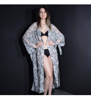 PAREDORA Simli Yaprak Desenli Beyaz Kimono Pareo