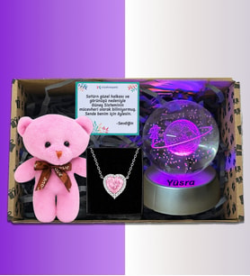 Pembe Ayıcıklı Renk Değiştiren Led Işıklı Cam Satürn Kız Küre Dolunay Lamba Kar Küresi Pembe Kalp Kolye