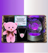 Pembe Ayıcıklı Renk Değiştiren Led Işıklı Cam Satürn Kız Küre Dolunay Lamba Kar Küresi Pembe Kalp Kolye