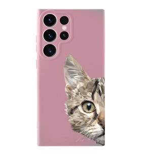 Samsung Galaxy S23 Ultra Uyumlu Lansman Kılıf Catface Tasarımlı İçi Kadife Kapak-Pembe (Şeffaf)