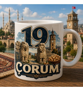 Çorum Temalı Hediyelik Kupa Bardak - 19 Plaka Tarihi Simgeler ve Meşhur Lezzetler Baskılı Özel Tasarım Kupa