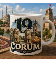 Çorum Temalı Hediyelik Kupa Bardak - 19 Plaka Tarihi Simgeler ve Meşhur Lezzetler Baskılı Özel Tasarım Kupa
