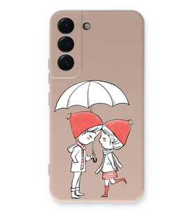 Samsung Galaxy S22 Uyumlu Lansman Kılıf Aşk Tasarımlı İçi Kadife Kapak-Pudra (Şeffaf)