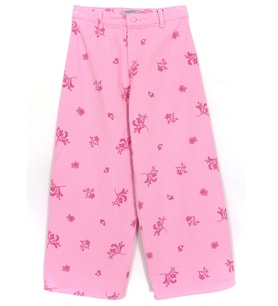 Desenli Bol Paça Kız Çocuk Denim Pantolon Pembe