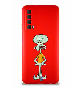 Huawei P Smart 2021 Soft Premier Kapak Squidward Dokunaç Tasarımlı Silikon Kılıf - Kırmızı (Şeffaf)