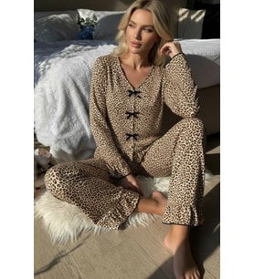 Mulvxbrf Brf02 Kadın Uzun Kollu Leopar Desenli Fiyonklu Ev Giyim Pijama Takımı (Mulvix)