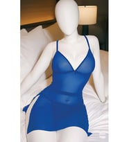 Kadın Saks Mavi Tül Detaylı Yırtmaçlı Mini Fantazi Gecelik & Babydoll Takımı - 7059
