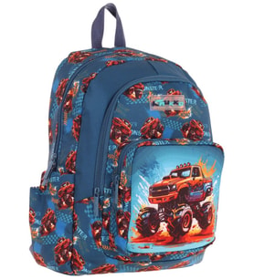 Kaukko Kids Üç Bölmeli (Yeşil Kırmızı - Arazi Aracı Baskılı) Erkek Çocuk Okul ve Günlük Sırt Çantası - L5282 (Çok Renkli)