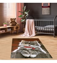 Kedi Desenli Halı Kedili Halı Dijital Baskı Yıkanabilir Kaymaz Taban Çocuk Odası Halısı (Kahverengi)