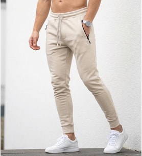Erkek Slim Fit Eşofman Altı – Pamuklu Kumaş, Fermuarlı Cepli, Rib Paça (Bej)