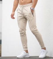Erkek Slim Fit Eşofman Altı – Pamuklu Kumaş, Fermuarlı Cepli, Rib Paça (Bej)