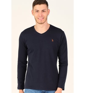 T8587 DEWBERRY V YAKA ERKEK UZUN KOL T-SHIRT-GECE MAVİSİ