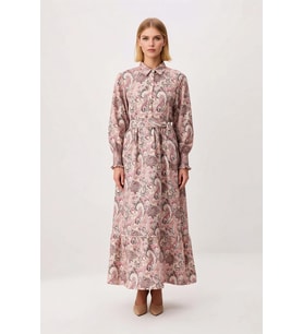 Kadın Şal Desenli İpeksi Dokuma Maxi Elbise Gömlek Yaka Balon Kol A-Line Kesim Günlük Rahat Modern