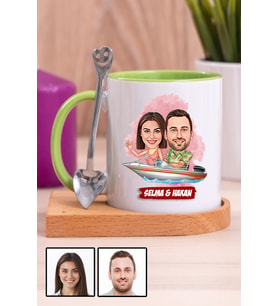 Sevgiliye Hediye Tekne Tasarım  Karikatürlü Ahşap Altlıklı Yeşil Kupa Bardak
