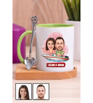 Sevgiliye Hediye Tekne Tasarım  Karikatürlü Ahşap Altlıklı Yeşil Kupa Bardak