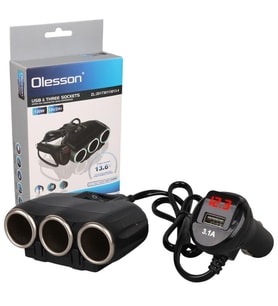 Olesson 1634 12-24V Tek USB Girişli 120W 80cm Kablolu Dijital Voltaj Ekranlı 3'lü Araç Çakmak Çoklayıcı