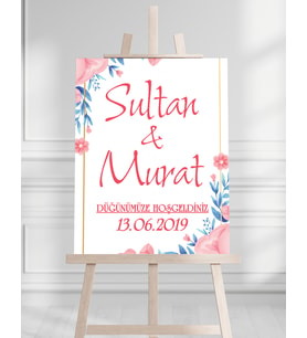 Söz Nişan Düğün İçin 50x70 Karşılama Panosu - Pembe Renkleri Çiçek Temalı 01