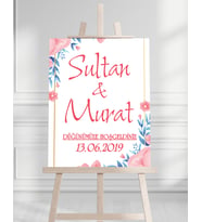 Söz Nişan Düğün İçin 50x70 Karşılama Panosu - Pembe Renkleri Çiçek Temalı 01