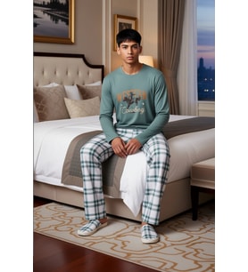 Erkek Ekose Desenli Bisiklet Yaka Pijama Sweatshirt ve Pantolon Fonksiyonel Dayanıklı Spor