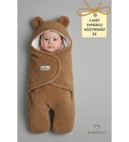 0-12 Ay Welsoft Peluş Bebek Dış Kundak ,Uyku Tulumu ,Ayıcık Kulaklı İçi %100 Pamuk Astarlı Battaniye (Kahverengi)