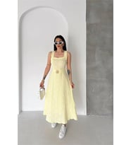 Neşeli butik kadın sarı çiçek nakışlı kemer detaylı kare yaka midi boy yazlık elbise ---- NBK086