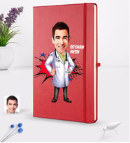 BK Gift Kişiye Özel Erkek Doktor Karikatürlü Kırmızı Termo Deri Defter 16x24cm Model 2