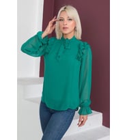 Omuz Fırfırlı Şifon Bluz 1761-Zümrüt Yeşili