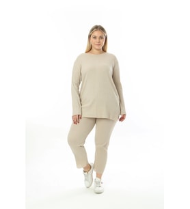 Büyük Beden Uzun Kollu Yüksek Bel Beli Lastikli Yırtmaçlı İnce Pijama Takım (Krem)