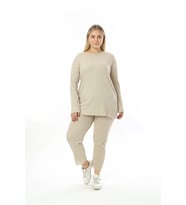 Büyük Beden Uzun Kollu Yüksek Bel Beli Lastikli Yırtmaçlı İnce Pijama Takım (Krem)