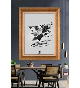 Altın Varaklı Çerçeveli Paspartulu Atatürk Tablo DC1334 (Gold)