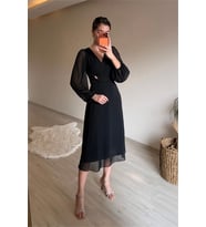 Neşeli butik kadın bel drapeli gold toka detaylı midi boy şifon elbise NM025 (Siyah)